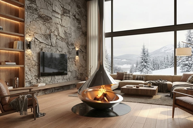 Островной, подвесной камин Liquidsteel на заказ