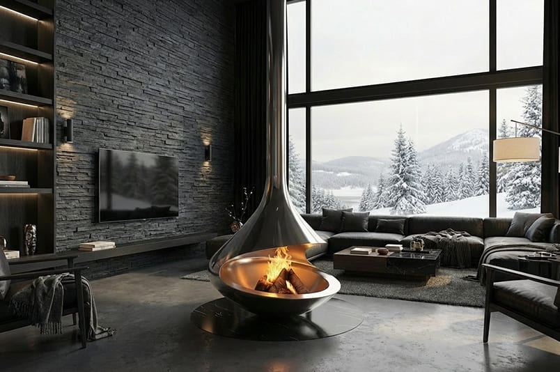 Островной, подвесной камин Liquidsteel на заказ